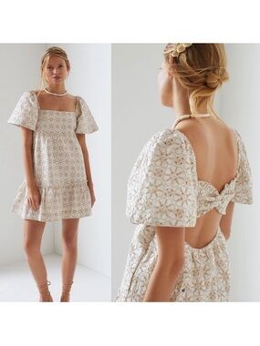 Anthropologie Cream Floral Puff Sleeve Mini Dress